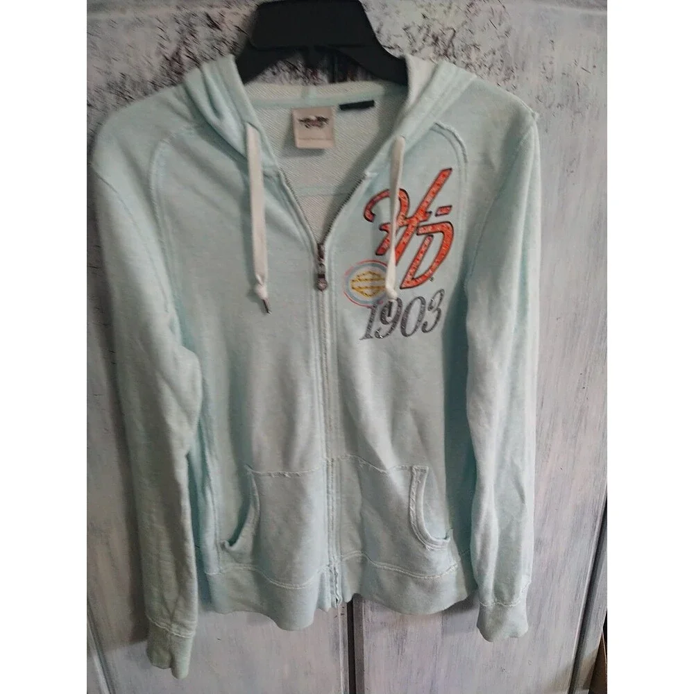 Harley-Davidson Rhinestone Hooded Jacket Blue Medium Motorcycle Y2K - Picture 6 of 15